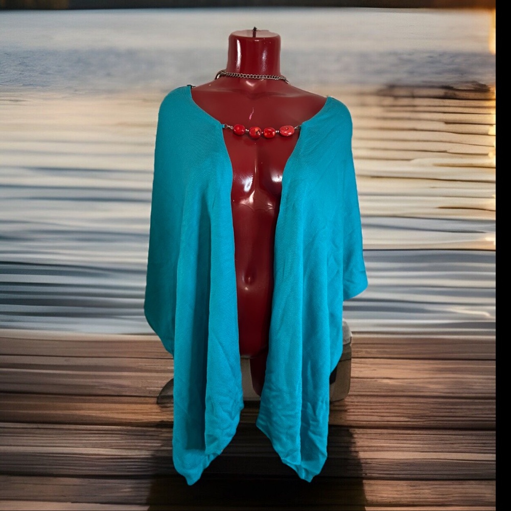 NWT VTG REDfish DESIGNS SCARF WITH BEADED DESIGN CLOSURE -TEAL BLUE KNIT